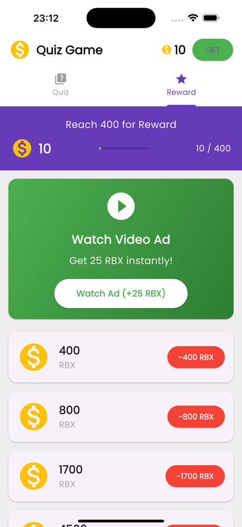 get RBX quiz - Reward screen of the get RBX quiz app showing point milestones and options to earn RBX