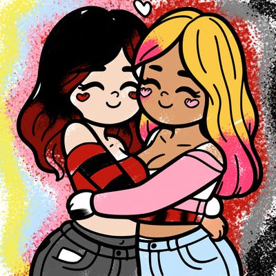 two females (pride month) hugging