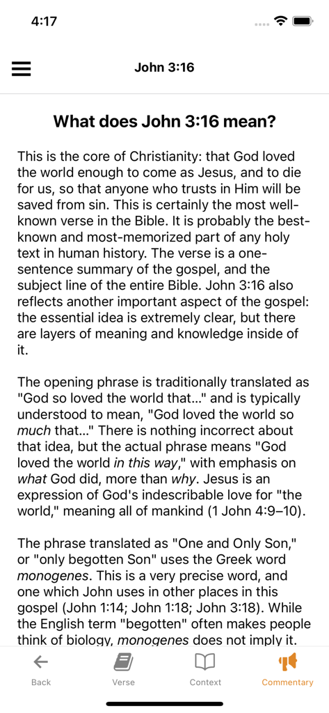 A screen from the BibleRef app explaining the meaning and context of the Bible verse John 3:16.
