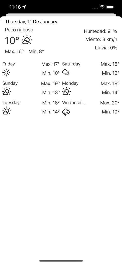 Weekly weather forecast interface within the Bus Cadiz mobile app showing temperature and conditions for Cadiz.