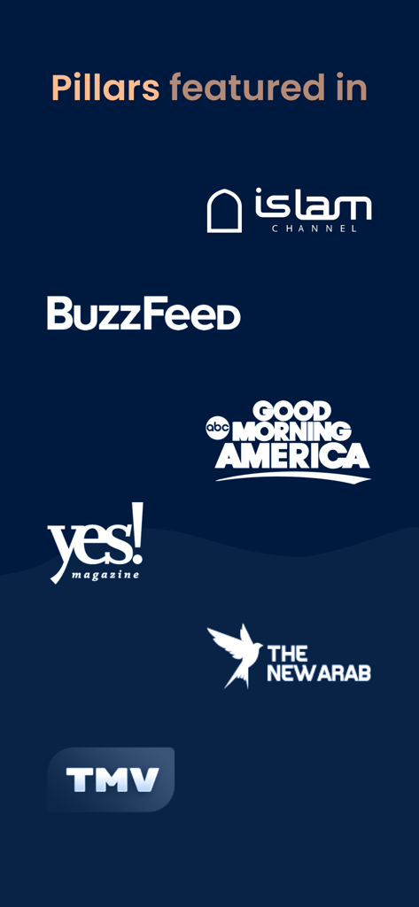 BuzzFeed 및 Good Morning America를 포함한 Pillars 앱을 다룬 미디어 매체의 로고 컬렉션