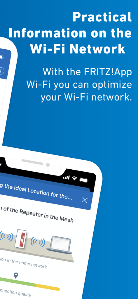 FRITZ!App WLAN-Oberfläche zur Veranschaulichung der Netzwerkoptimierung und Repeater-Standortbewertung.