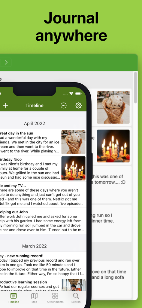 Diarium Journal: Private Diary - Diarium journal app interface on smartphone and computer screens showing synchronized diary entries with photos