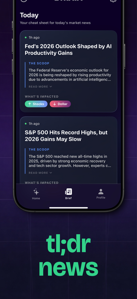 STRATA: Make Trading Easy - STRATA app screen showing summarized daily market news with AI insights