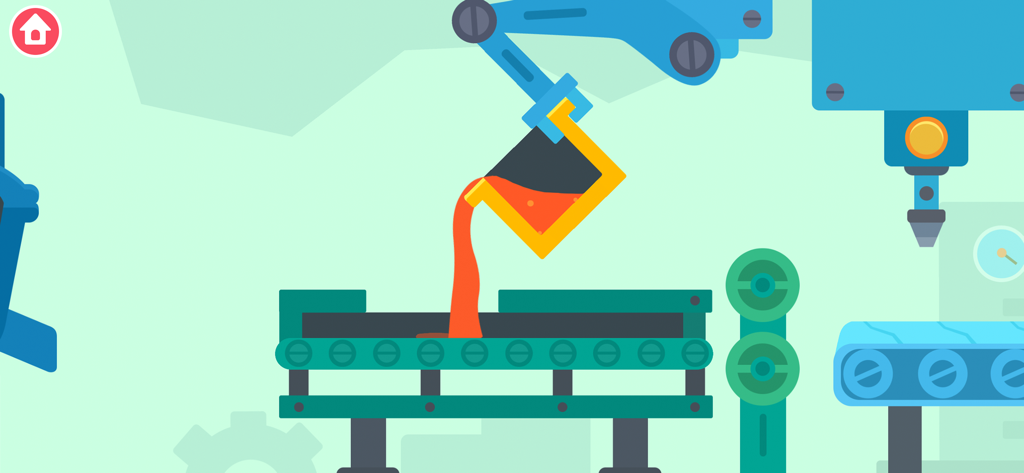 Dinosaur Garbage Truck Games - 로봇 팔이 주황색 용융 물질을 재활용 기계에 붓는 모습