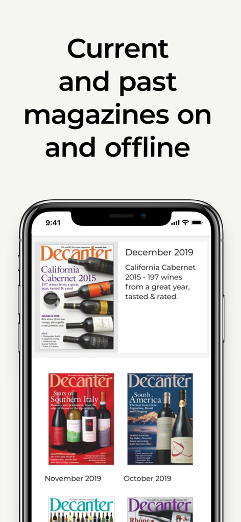 Application Decanter Premium montrant les magazines de vin actuels et passés pour une lecture en ligne et hors ligne.