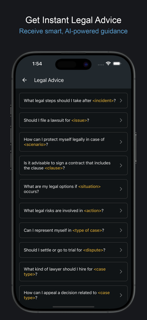 AI Lawyer: Legal Assistant - Schermata dell'app mobile Avvocato IA che mostra un elenco di domande legali comuni per l'assistenza IA