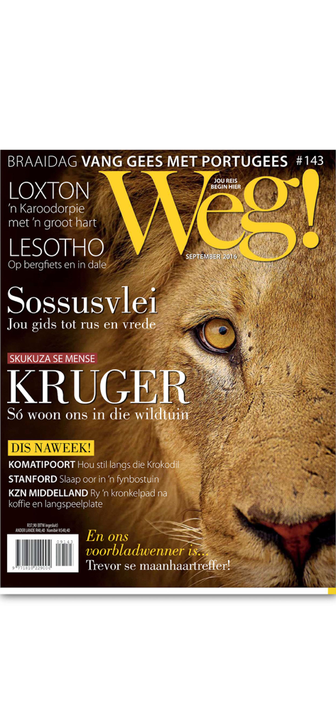 Weg!-tydskrif - Cover of Weg travel magazine featuring a close up of a lion