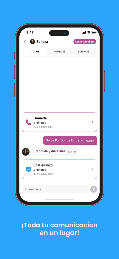 Pantalla de la aplicación móvil que muestra el historial de chat y llamadas con un consejero psíquico en español
