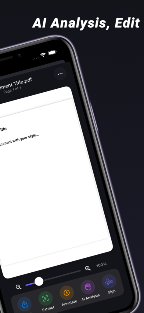 Scanly - AI Scanner Pro Scan - Mobile Benutzeroberfläche der Scanly App, die KI-Analyse und Dokumentenbearbeitungswerkzeuge wie Extrahieren und Unterschreiben anzeigt