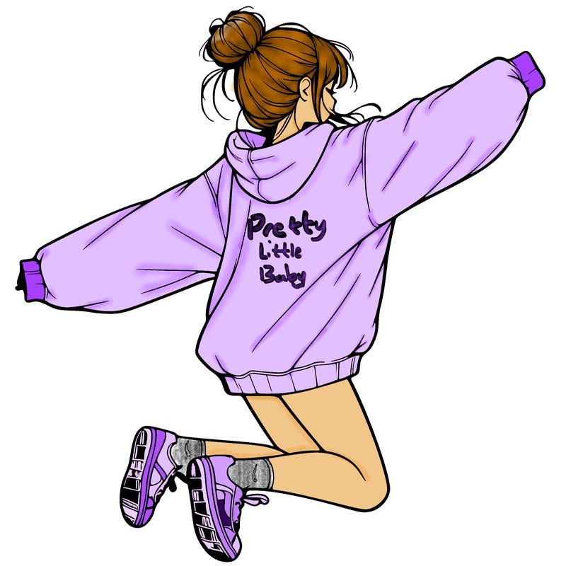 realistic girl jumping with a bun and oversized sweatshirt