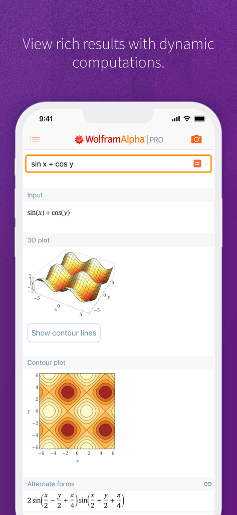 WolframAlpha - Aplicativo móvel WolframAlpha exibindo um gráfico 3D e um mapa de contorno para uma função matemática