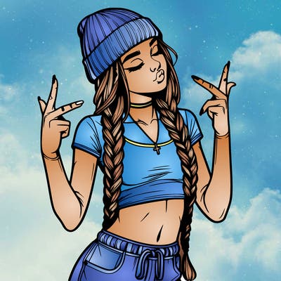 realistic teenage girl with braids and a beanie and crop top doing 🫶🏼
