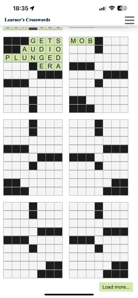 Multiple small crossword puzzle grids within the Learners Crosswords mobile app interface.