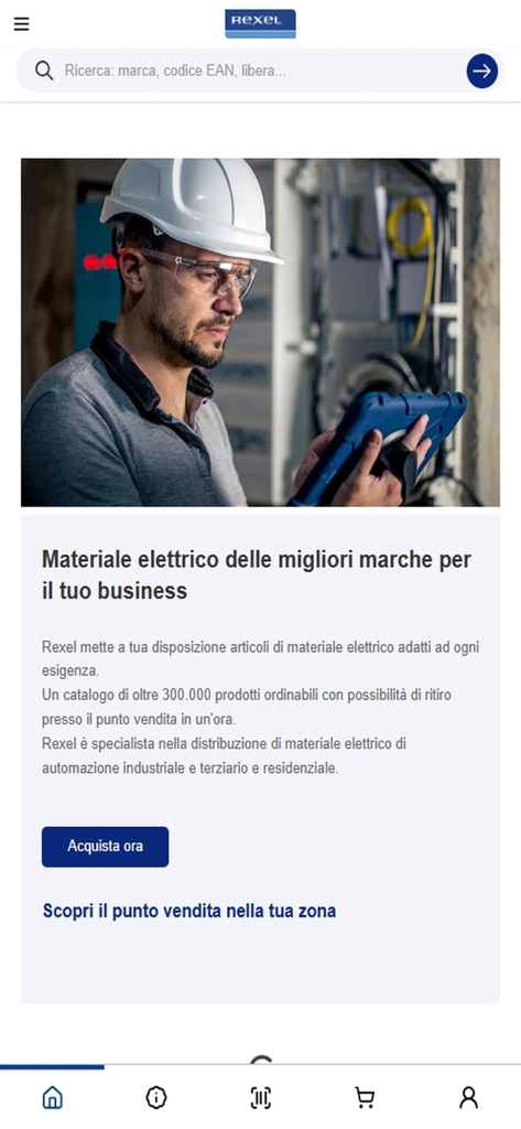 Home screen of the Rexel Italia app featuring an electrician with a tablet and electrical supply shopping options.