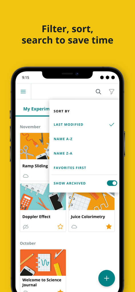 Arduino Science Journal - Arduino Science Journal app showing a list of experiments with a sort and filter menu open on an iPhone.