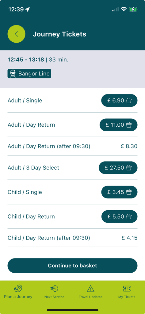 Translink Planner - Translink Planner app screen showing train ticket prices for the Bangor Line