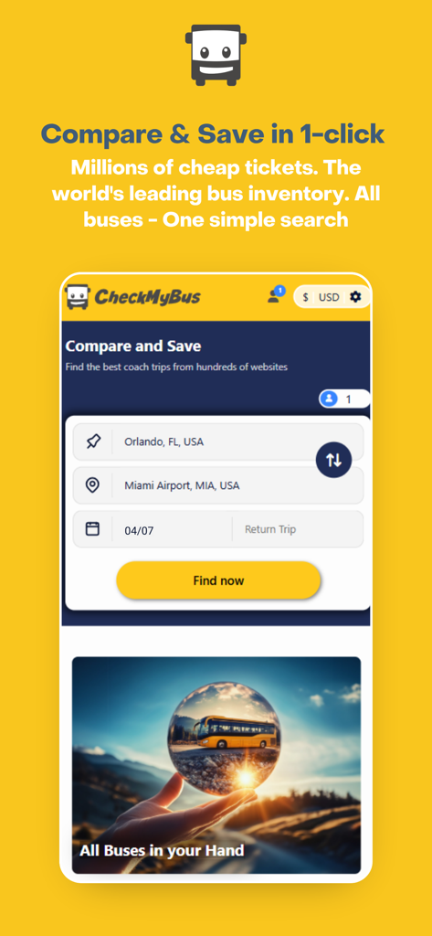 CheckMyBus app interface for searching and comparing cheap bus tickets