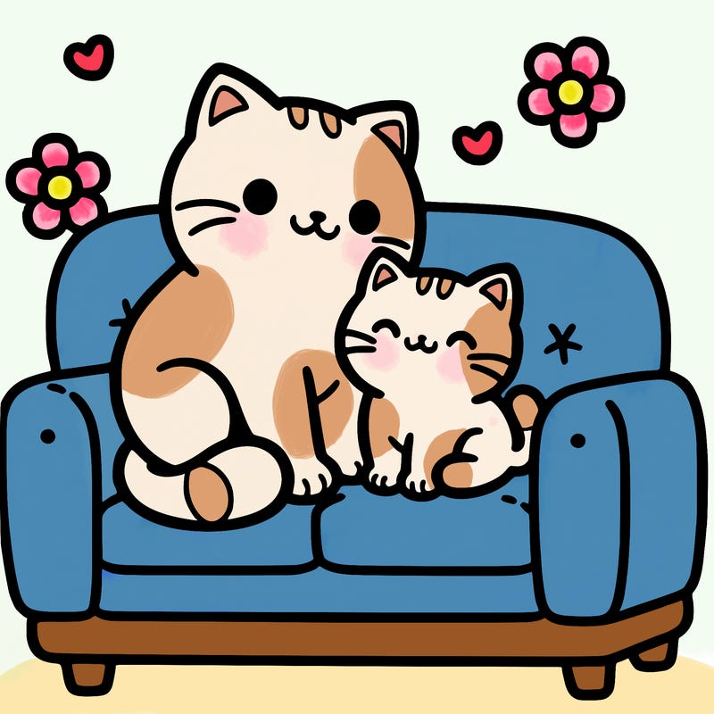 a mom cat and a kitten on a sofa