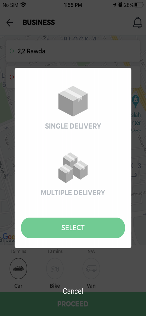 Quick Delivery App-Oberfläche, die Optionen zur Auswahl einzelner oder mehrerer Lieferservices anzeigt