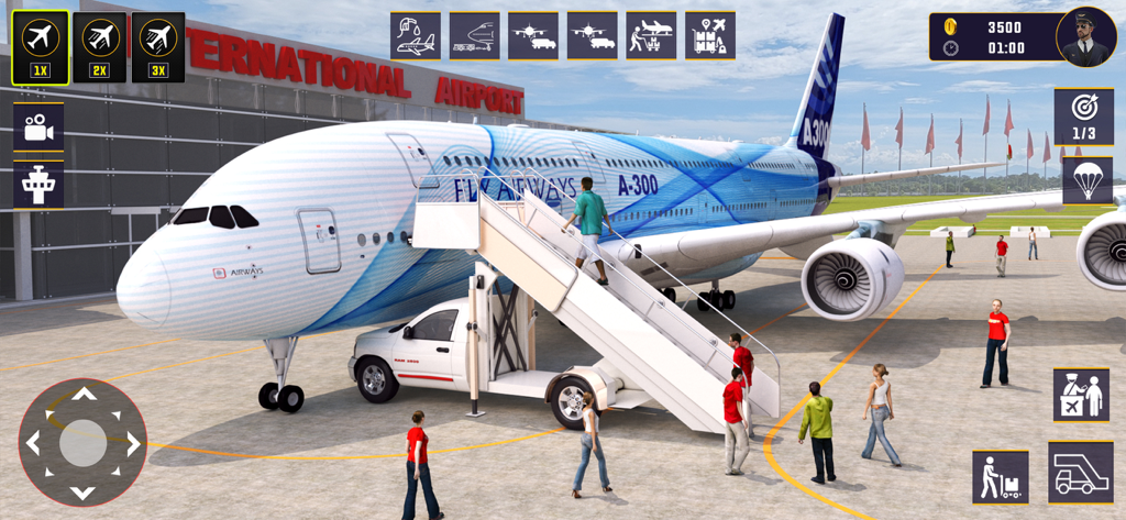 Pilot Airplane Simulator Games - Un gran avión de pasajeros en un aeropuerto internacional con pasajeros abordando por escaleras móviles en un juego de simulador de vuelo