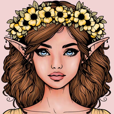 realistic female elf with flower crown