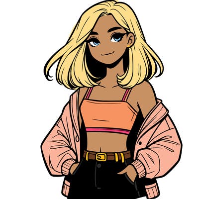 a realistic girl with a crop top and short shorts in an open jacket