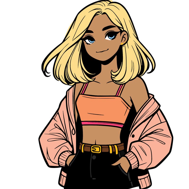 a realistic girl with a crop top and short shorts in an open jacket