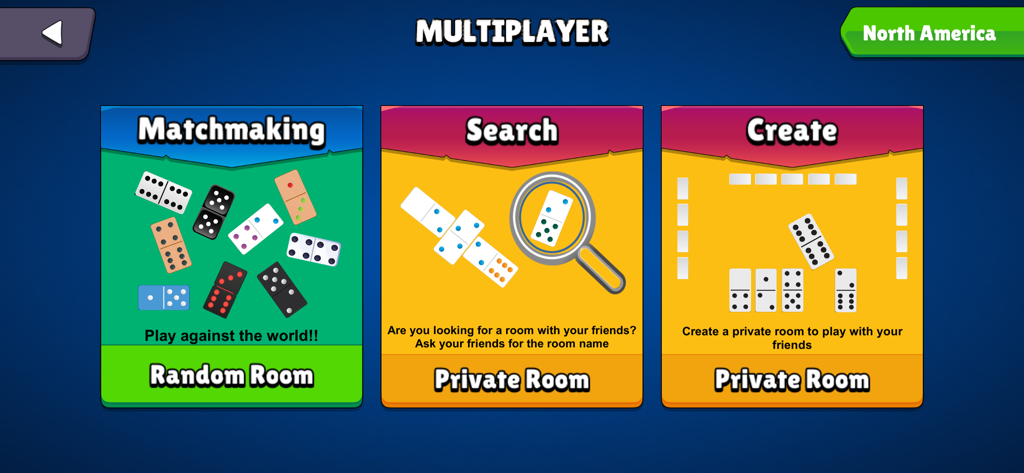 Dominoes Republic - Pantalla de selección multijugador de Dominoes Republic mostrando opciones para emparejamiento aleatorio y creación o búsqueda de salas privadas