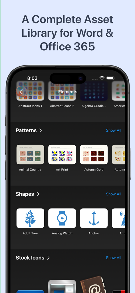 Toolbox for Microsoft Word - Interface of the Toolbox for Microsoft Word app showing a library of design elements patterns and shapes