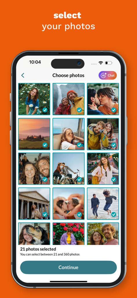 PhotoSi: Photobooks and prints - Interface do aplicativo PhotoSi mostrando uma grade de fotos selecionadas para impressão
