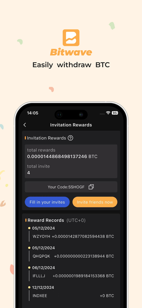 BitBoost - Earn Bitcoin Daily - BitBoost app screen showing invitation rewards total balance and referral record history in Bitcoin