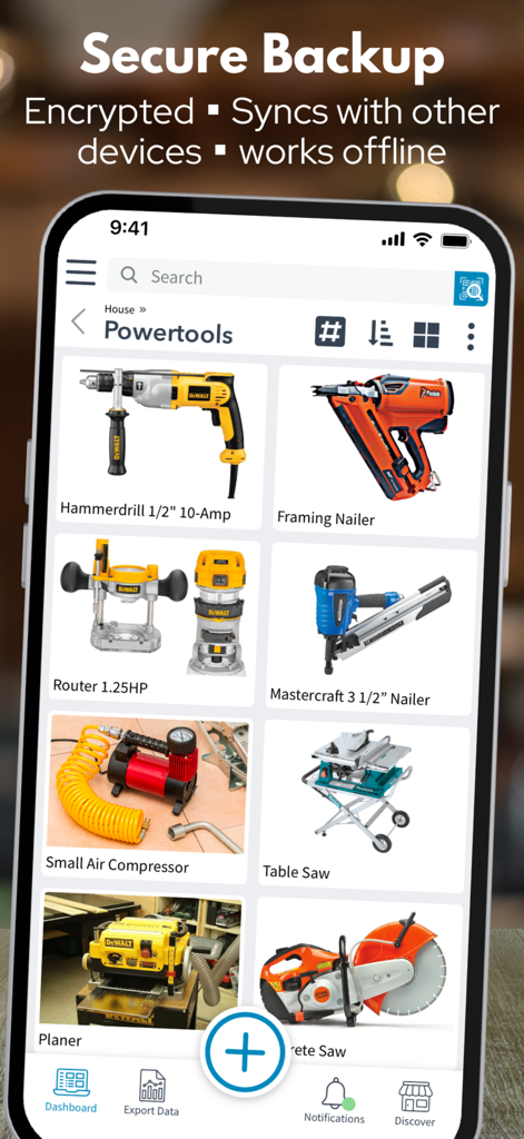 Itemtopia Inventory - Mobile app screen showing a power tools inventory list with secure backup and encryption features