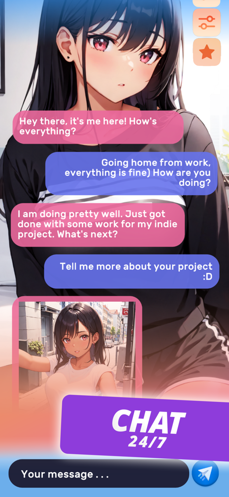 Una conversación de chat con un personaje de anime personalizado en la aplicación móvil LUX AI Friend.
