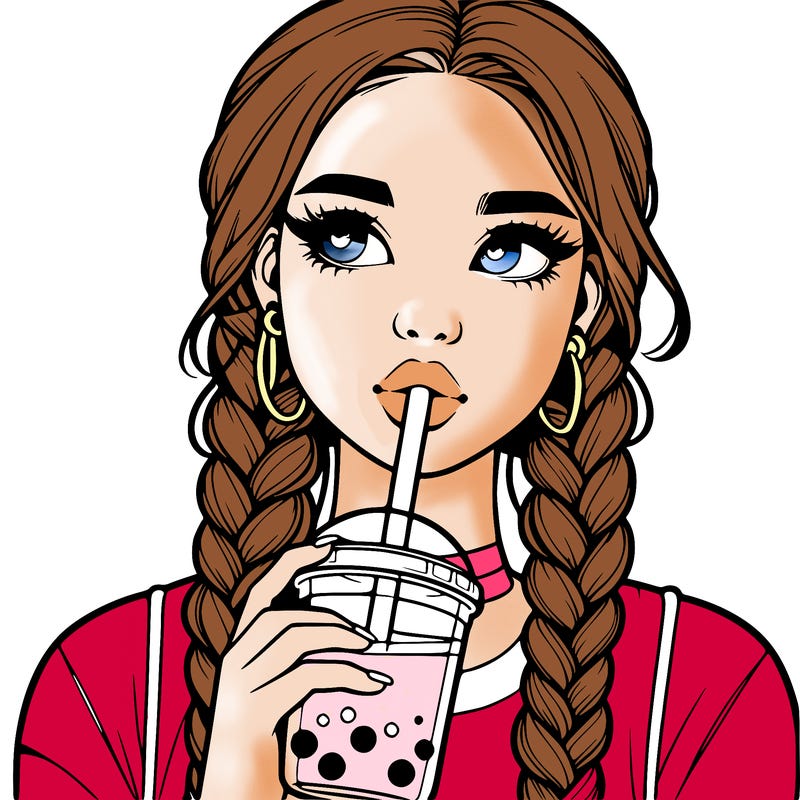 realistic girl with braided hair drinking boba
