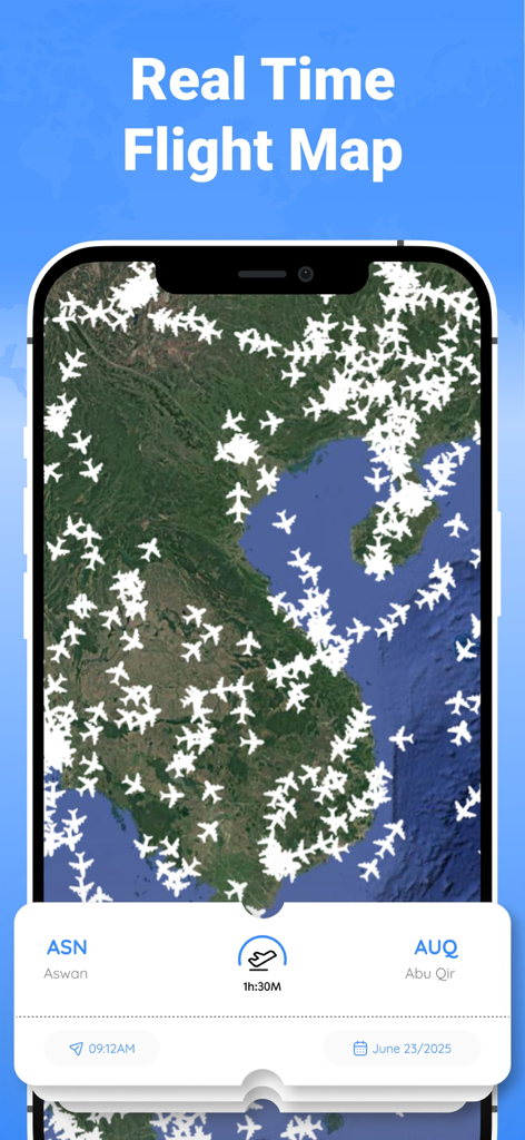 Track Flight : Find Flight - Un'interfaccia di app mobile che visualizza una mappa globale in tempo reale piena di icone bianche di aeroplani per il tracciamento dei voli live.