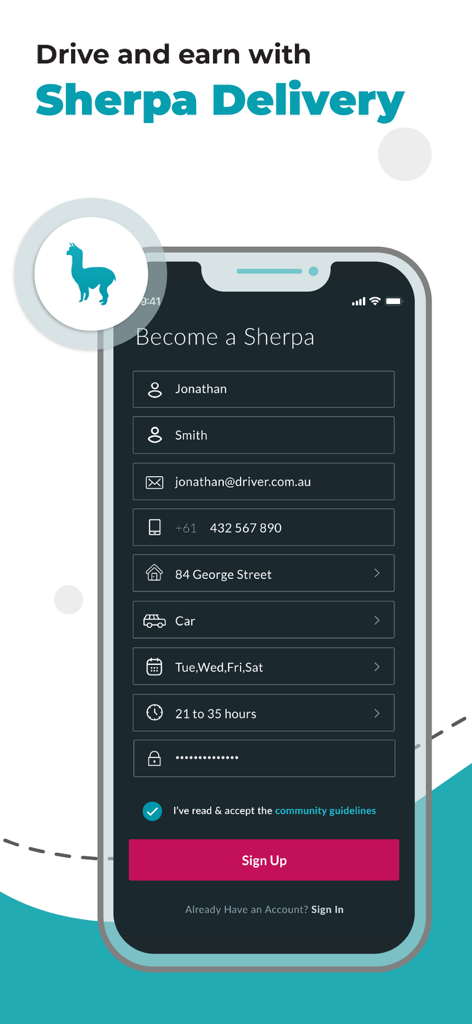 Sherpa Driver - 潜在的な配達パートナー向けの登録フォームが表示されたSherpa Driverアプリのサインアップ画面。