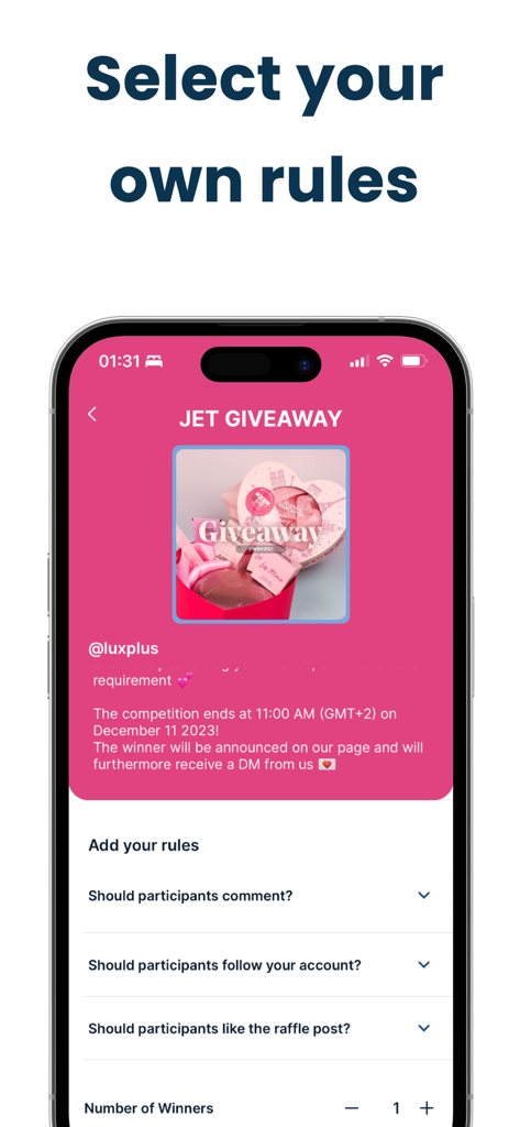 Jet Giveaway for Instagram - Interface for setting Instagram giveaway rules like following and liking posts