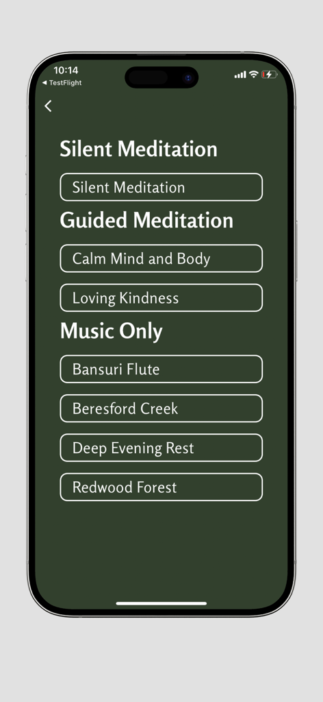 Zendo Meditation app interface showing options for silent meditation, guided meditation, and music only sessions.