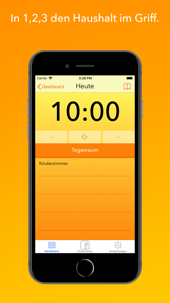 Putzalarm! Haus- & Putzplan - Mobile app interface showing a 10 minute timer for cleaning a childs room