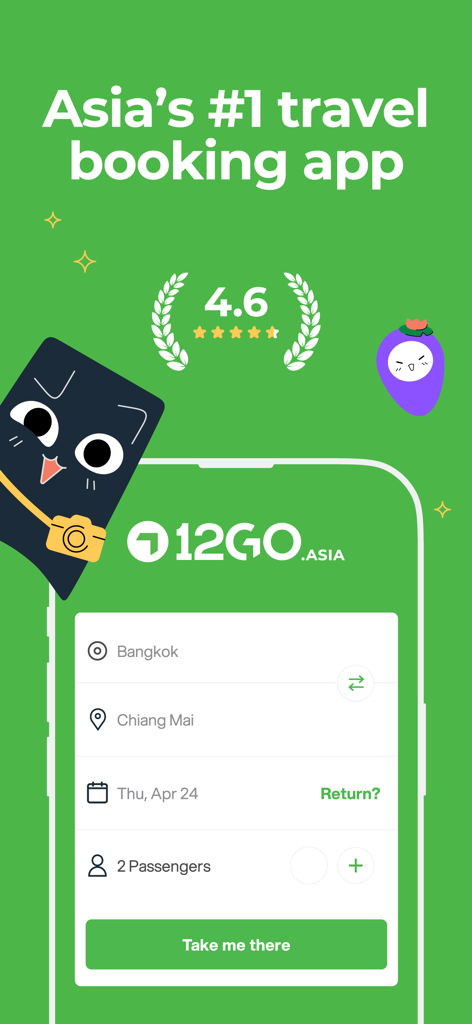 12Go Train Bus Ferry Flight - Interface de l'application 12Go pour la réservation de voyages de Bangkok à Chiang Mai, montrant une note de 4,6 étoiles