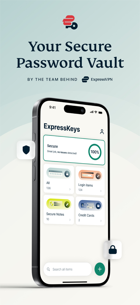 ExpressKeys: Password Manager - ExpressKeysアプリのダッシュボードをiPhoneに表示。セキュアなパスワード保管庫と100パーセントのヘルス評価が表示されています。