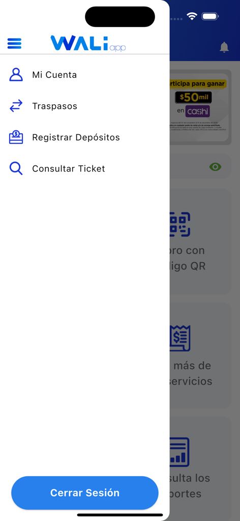 WALIApp - WALIApp navigation menu showing account, transfers, and deposit registration options in Spanish.