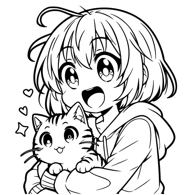 an anime girl excited snuggling an adorable cat