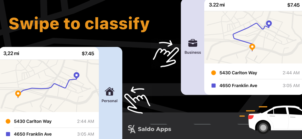 Interface mostrando como deslizar para classificar viagens como comerciais ou pessoais no aplicativo Mileage Tracker