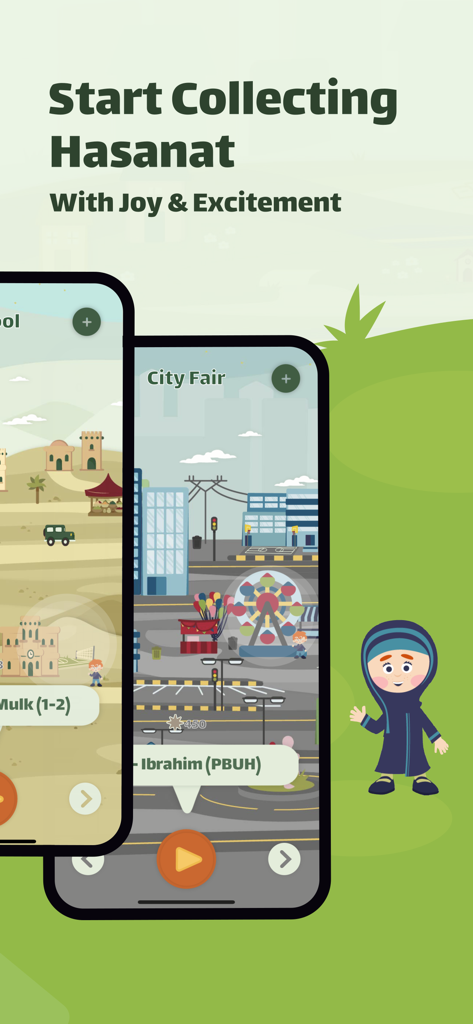 Hasanati app screenshot showing interactive maps for kids to learn about Islam and gather good deeds