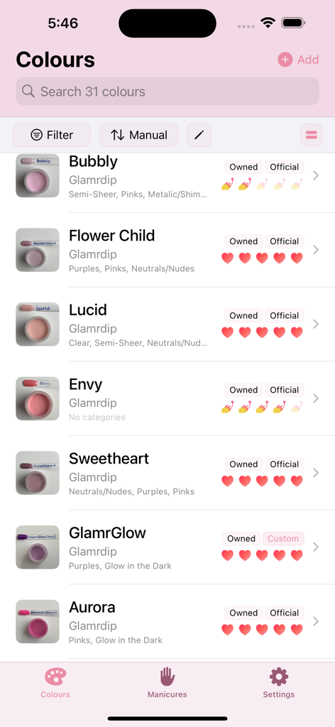 NaildIt - NaildIt 앱 인벤토리에 정리된 네일 폴란드 및 딥 파우더 색상 목록으로 사진, 이름, 등급이 표시됩니다.