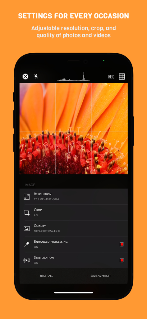 CameraPixels PRO - CameraPixels PRO app interface on iPhone showing manual photography settings for resolution crop and quality over a macro flower photo