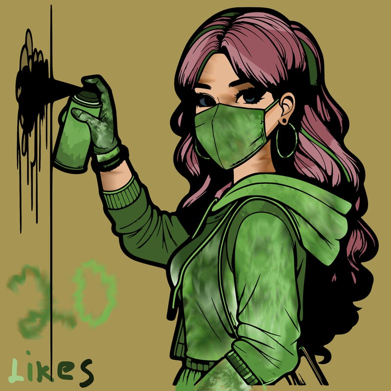 realistic girl with mask spray painting a wall