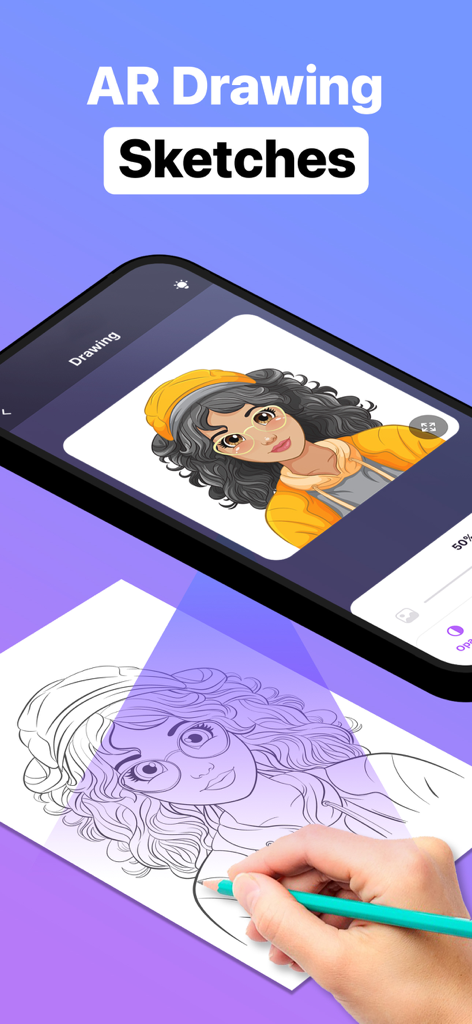 AR Drawing: Simply Draw Sketch - La app AR Drawing mostrando un personaje digital en un teléfono que se está calca en papel a mano